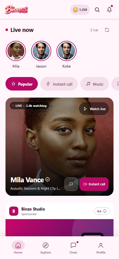 BinzoLive home preview with live hosts and discovery categories